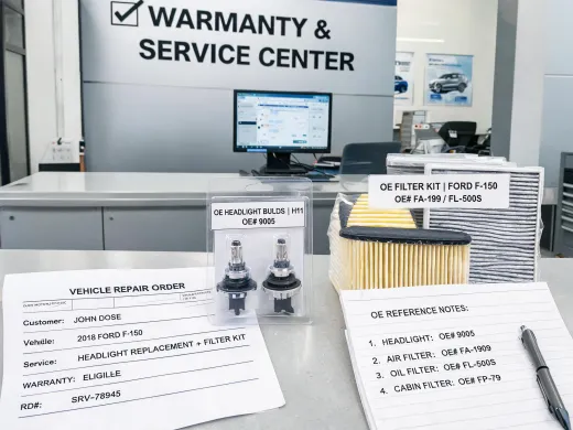 Warranty counter with vehicle service paperwork